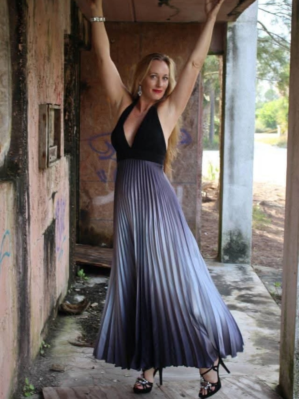 Vintage Dress - Black Halter Top w/ Gradient Pleated Maxi Bottom, Black to Gray